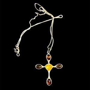 Vintage Baltic Amber Cross Pendant Necklace